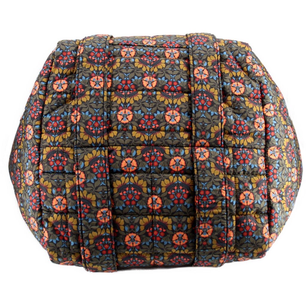 Floral quilted tote bag with stitched grid panels and padded exterior