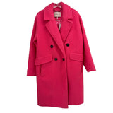 Double-breasted pink wool coat with notched lapels and flap pockets