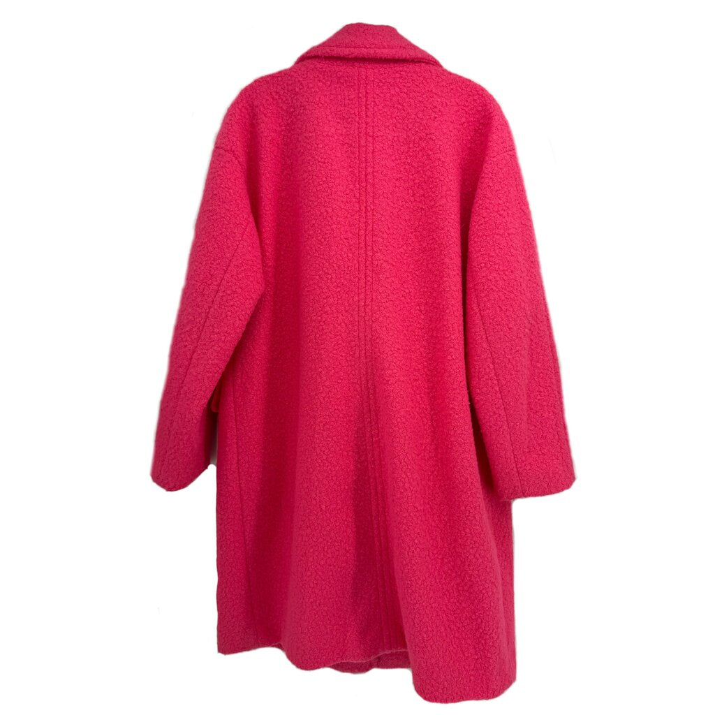 Back view of pink double-breasted wool coat with long sleeves and center vent