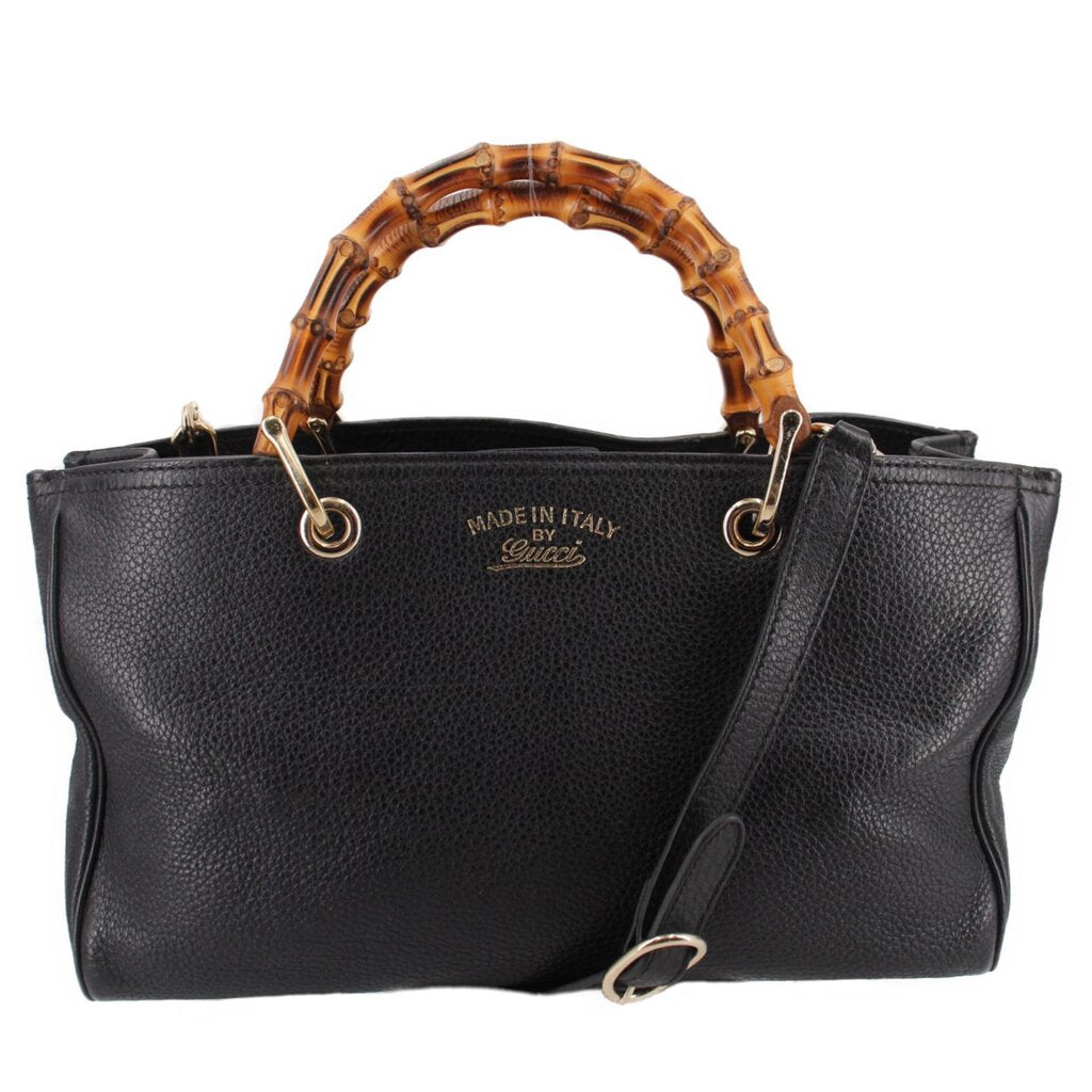 Black Gucci bamboo-handled shopper tote with gold-tone ring top handles