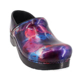 Colorful slip-on clog mule with red, blue, and purple patterned upper and black sole