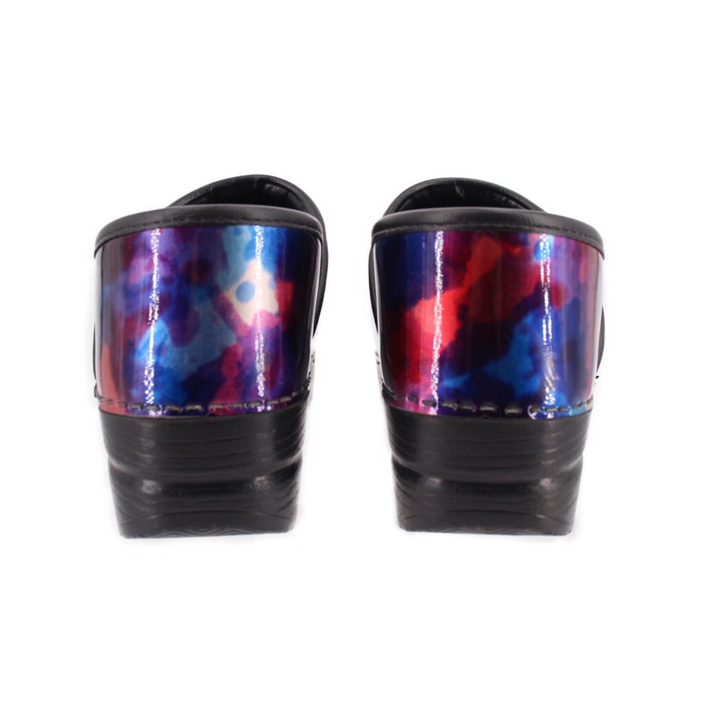 Back view of multicolor slip-on clog mules with patterned heels and black back panels