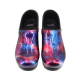 Pair of multicolor clog mules with patterned uppers and black interior lining