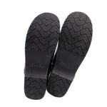 Two black rubber outsole bottoms with textured tread for clog mules
