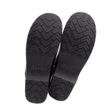 Two black rubber outsole bottoms with textured tread for clog mules