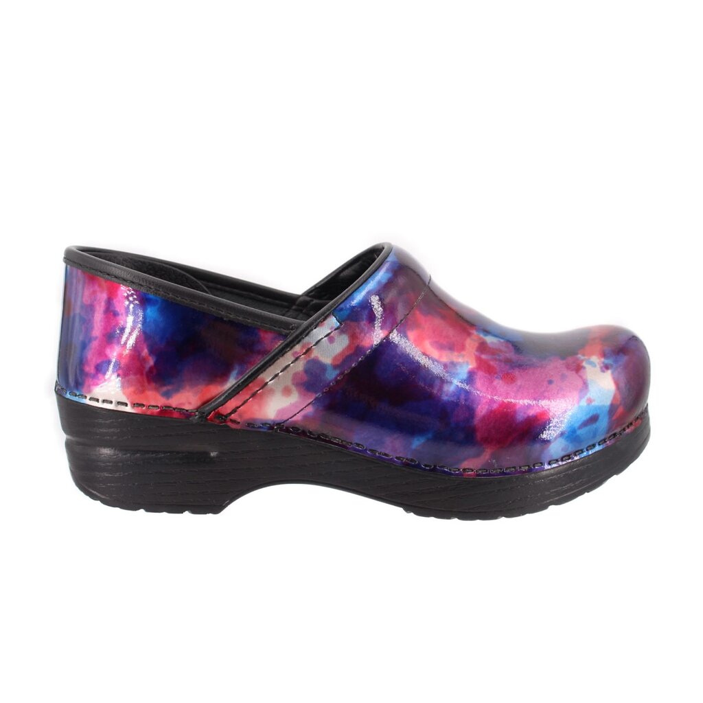 Side view of multicolor slip-on clog mule with patterned upper and cushioned black sole