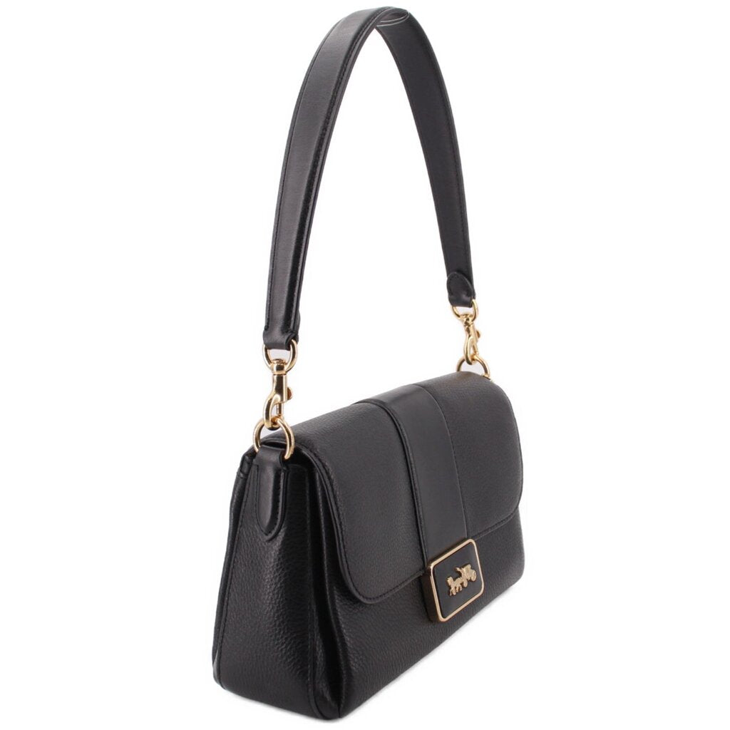 Black pebbled leather shoulder bag with curved top handle and gold-tone chain links