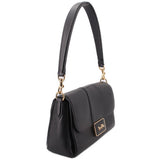 Black pebbled leather shoulder bag with curved top handle and gold-tone chain links