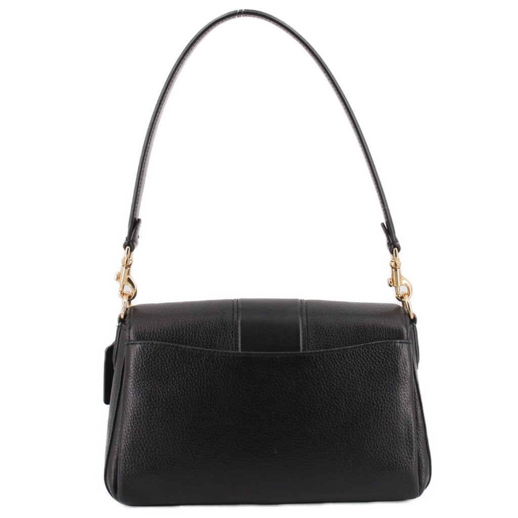 Black pebbled leather shoulder bag with structured top flap and front lock plaque