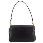 Black pebbled leather shoulder bag with structured top flap and front lock plaque