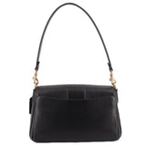 Black pebbled leather shoulder bag with structured top flap and front lock plaque
