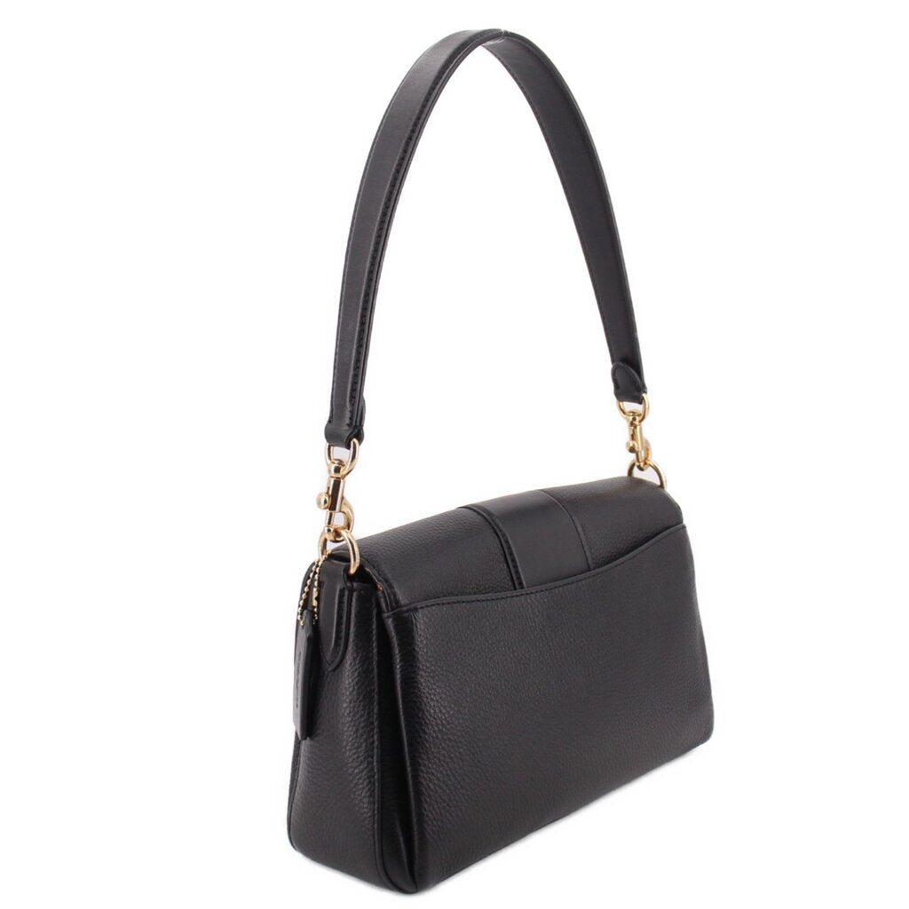 Black pebbled leather shoulder bag with side gusset and top handle, gold-tone hardware