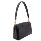 Black pebbled leather shoulder bag with side gusset and top handle, gold-tone hardware
