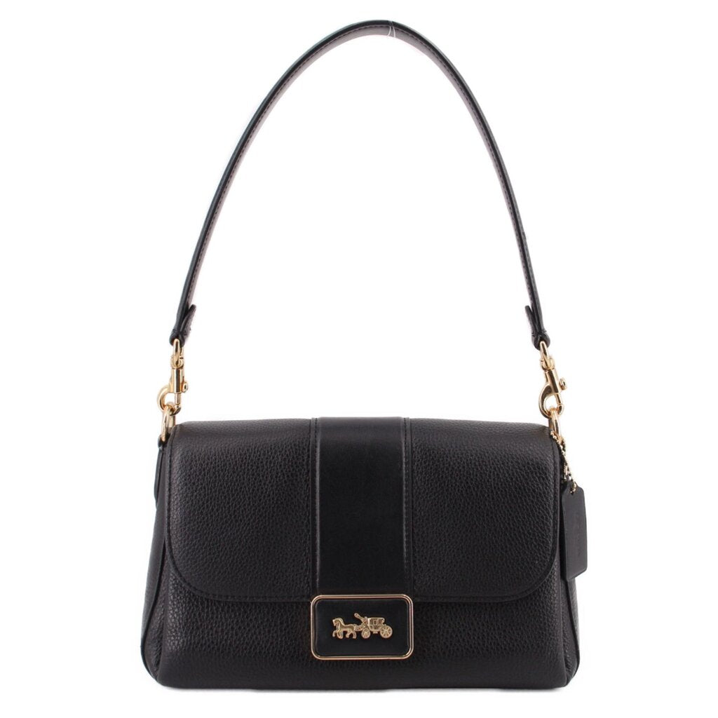 Black pebbled leather shoulder bag with front flap and gold-tone hardware