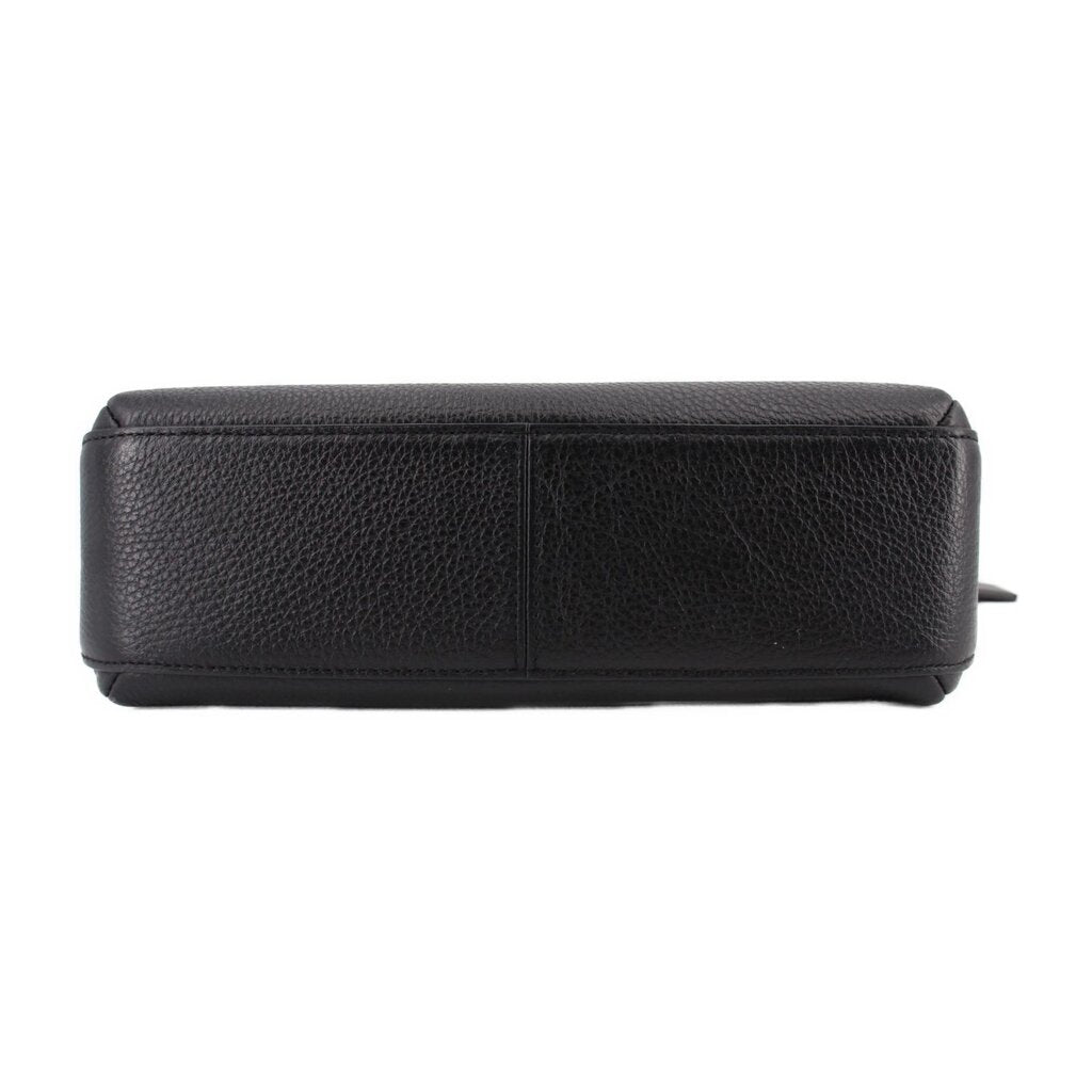 Black pebbled leather shoulder bag back view with smooth top edge and seam panel