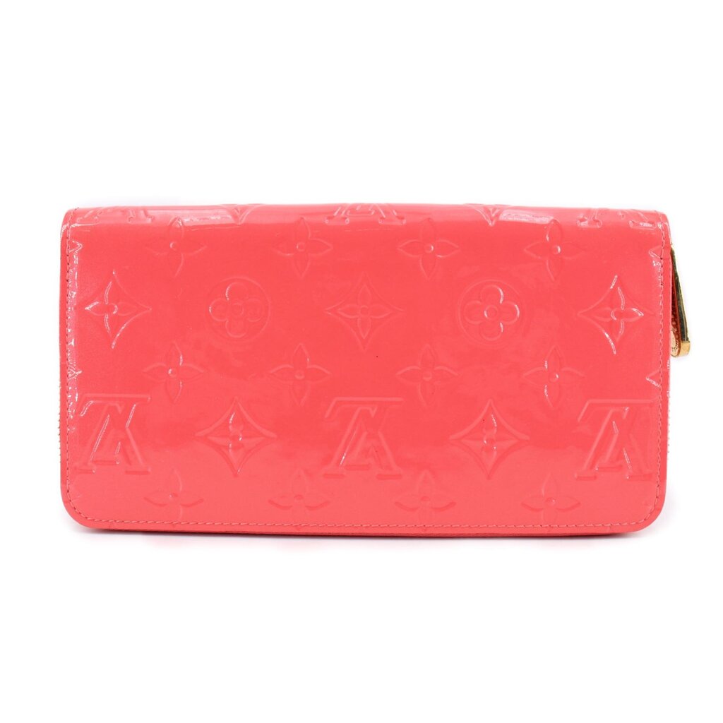 Coral vernis zip wallet with gold zipper pull and embossed logo panel