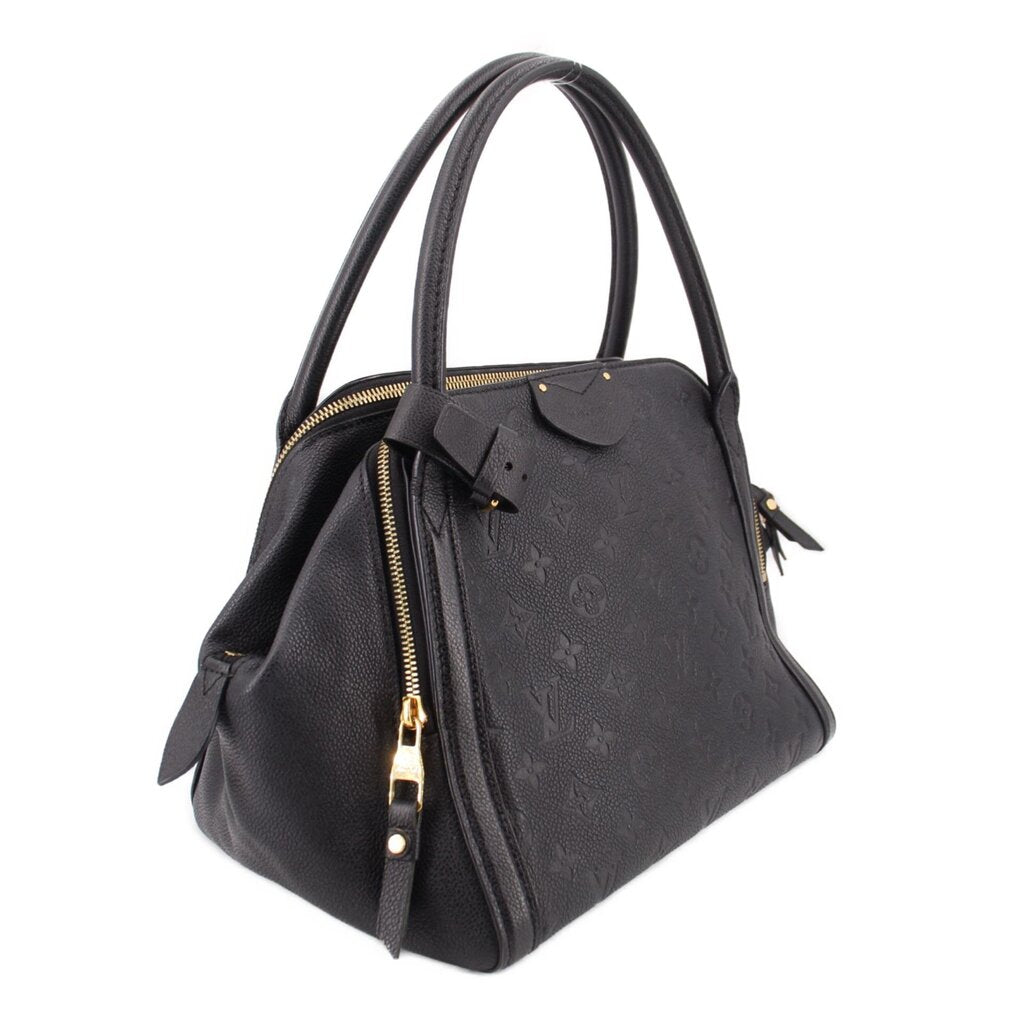 Black Louis Vuitton Marais MM handle bag with textured monogram and gold-tone zipper pull.