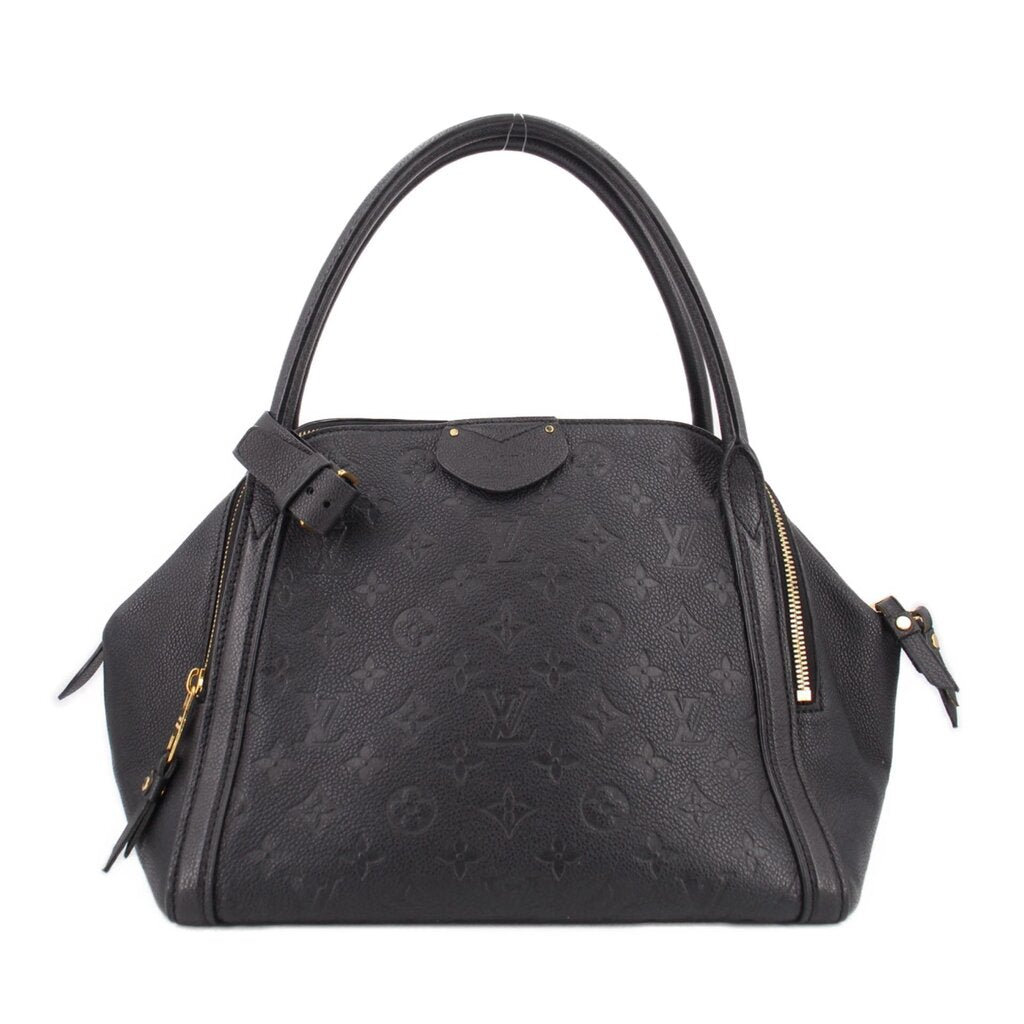 Louis Vuitton Marais MM handle bag in black leather with gold hardware and zipper.