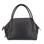 Black handle bag with embossed monogram pattern and structured top with two handles.