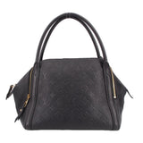 Black handle bag with embossed monogram pattern and structured top with two handles.