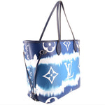 Blue tie-dye Neverfull tote with dual handles, front clasp, and Louis Vuitton monograms