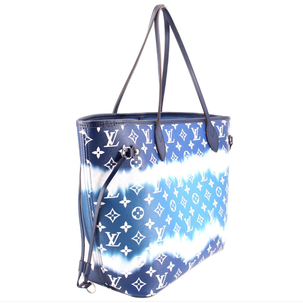 Blue tie-dye Neverfull tote with repeating Louis Vuitton monograms and top handles