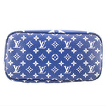 Blue tie-dye Neverfull zippered top with repeating white Louis Vuitton monogram icons