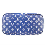 Blue tie-dye Neverfull zippered top with repeating white Louis Vuitton monogram icons