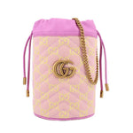 Pink mini bucket crossbody with GG monogram print, gold G emblem, and braided chain strap.