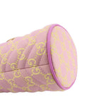 Side view of pink mini bucket crossbody with GG jacquard and rounded silhouette.