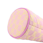 Close view of pink mini bucket crossbody side panel with GG monogram print and piping.
