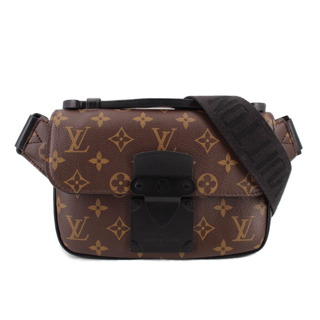 Monogram sling belt bag with front flap and black clasp, adjustable strap