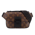 Monogram sling belt bag with front flap and black clasp, adjustable strap