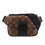 Monogram sling belt bag with front flap and black clasp, adjustable strap