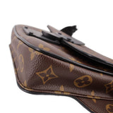 Monogram sling belt bag close-up of side panel and strap attachment hardware