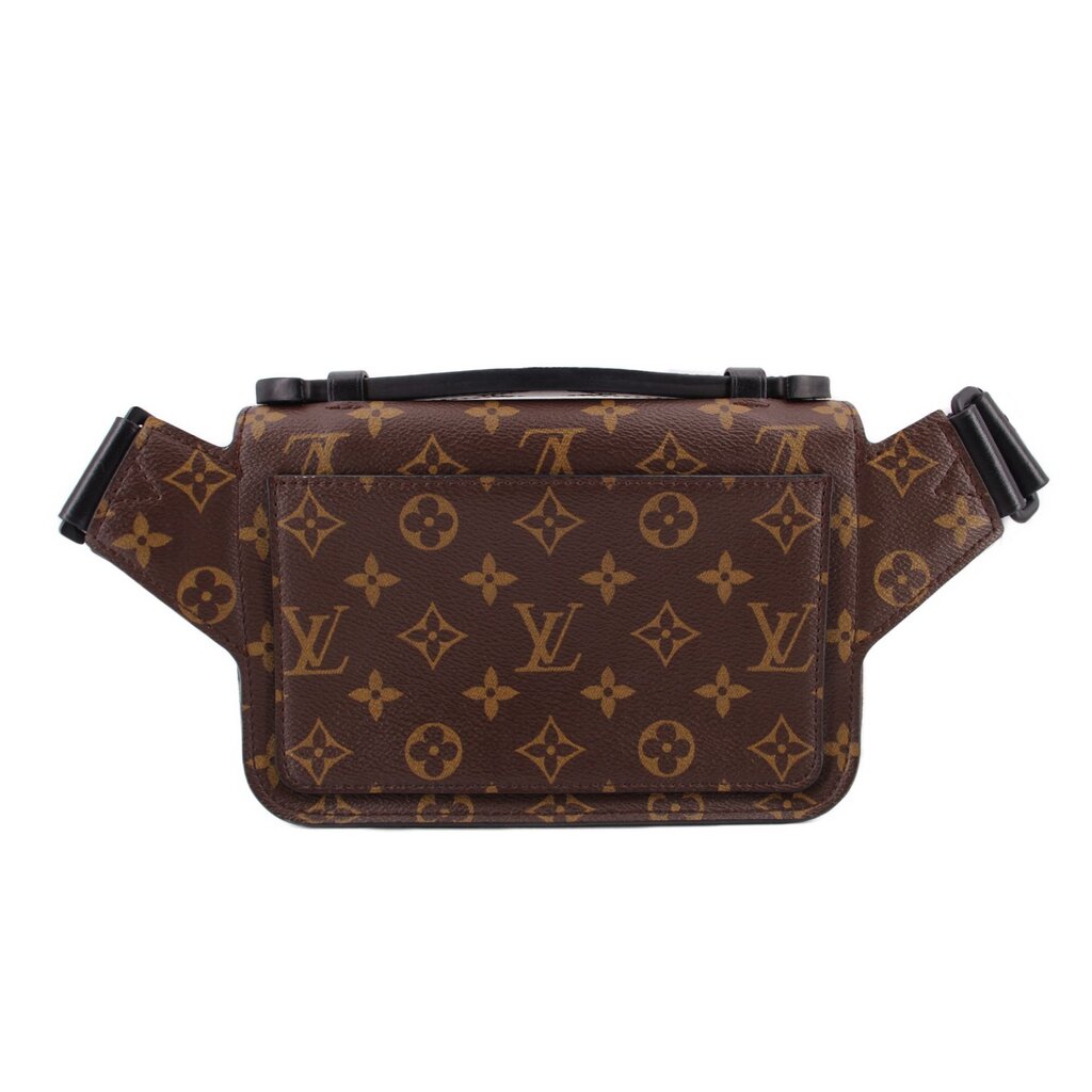 Monogram sling belt bag with front flap, black clasp, and adjustable belt strap