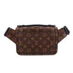 Monogram sling belt bag with front flap, black clasp, and adjustable belt strap