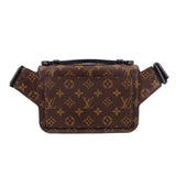 Monogram sling belt bag with front flap, black clasp, and adjustable belt strap