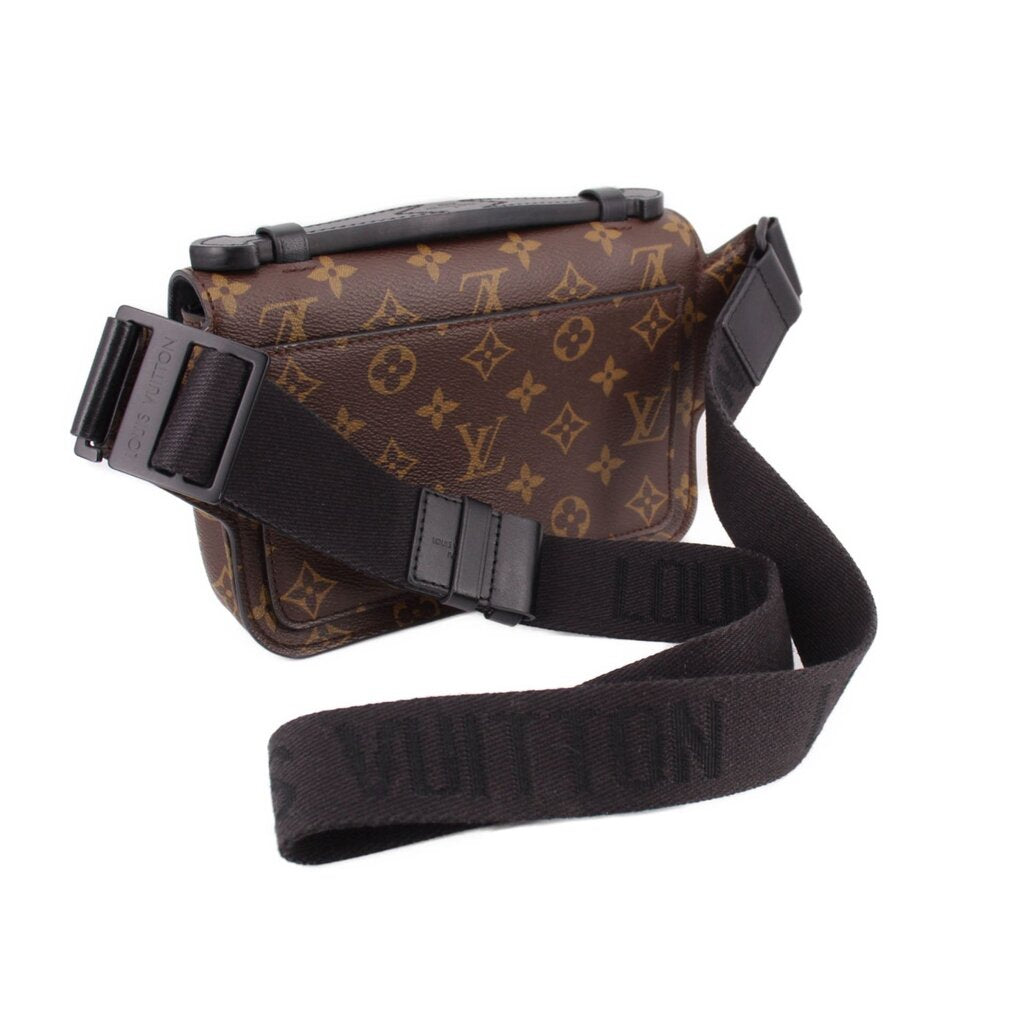 Monogram sling belt bag with adjustable crossbody strap and black buckle hardware