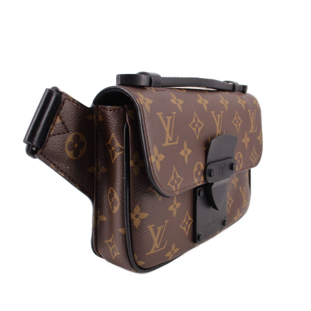 Monogram sling belt bag, side view with black flap hardware and strap