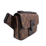 Monogram sling belt bag, side view with black flap hardware and strap