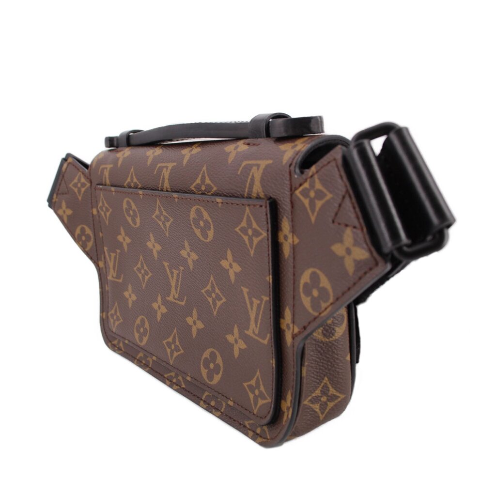 Monogram sling belt bag, angled side view with black strap hardware detail