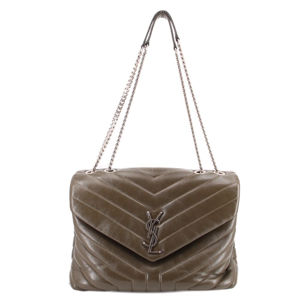 Olive medium quilted puffer shoulder bag with chain strap and YSL logo front