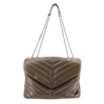 Olive medium quilted puffer shoulder bag with chain strap and YSL logo front