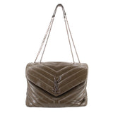 Olive medium quilted puffer shoulder bag with chain strap and YSL logo front