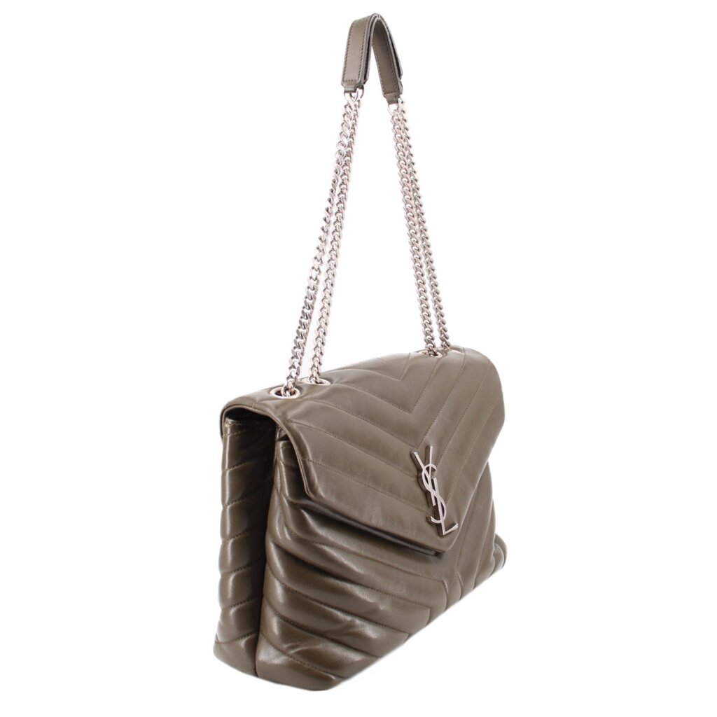 Olive quilted puffer shoulder bag with top handle, chain strap, and side profile