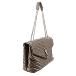 YSL puffer shoulder bag, olive chevron quilt, chain strap, flap side view