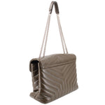 YSL puffer shoulder bag, olive side view with quilted flap and chain strap