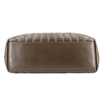 Olive quilted puffer shoulder bag underside with stitched leather panels