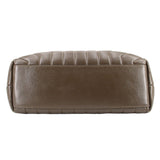 Olive quilted puffer shoulder bag underside with stitched leather panels